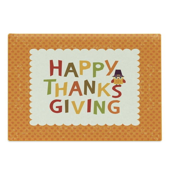 Thanksgiving Cutting Board, Little Owl with Pilgrims Hat Celebratory Phrase and Polka Dots, Decorative Tempered Glass Cutting and Serving Board, Large Size, Multicolor and Orange, by Ambesonne