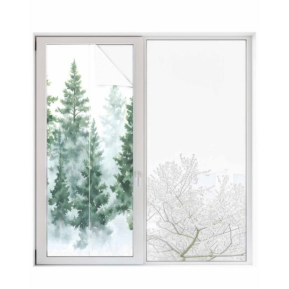 Window Privacy Film Forest Green Stained Glass Window Film Decorative Sun Block Window Cover Spring Summer Watercolor Pine Tree Window Clings Static Adhesive Sticker for Bathroom 29.5"x78.7"