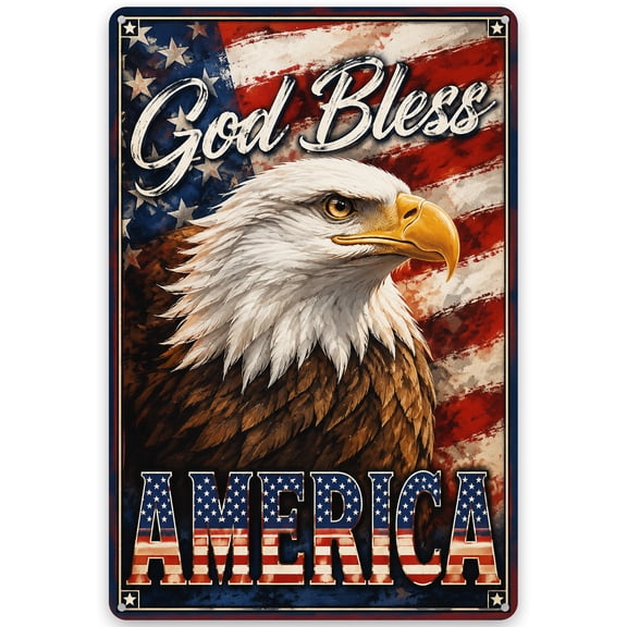 Patriotic Metal Wall Decor Sign 8x12 Inch – Bald Eagle Design with American Flag and 'God Bless America' Text – Vintage Rustic Style for Indoor/Outdoor Home Decor – Easy Hanging