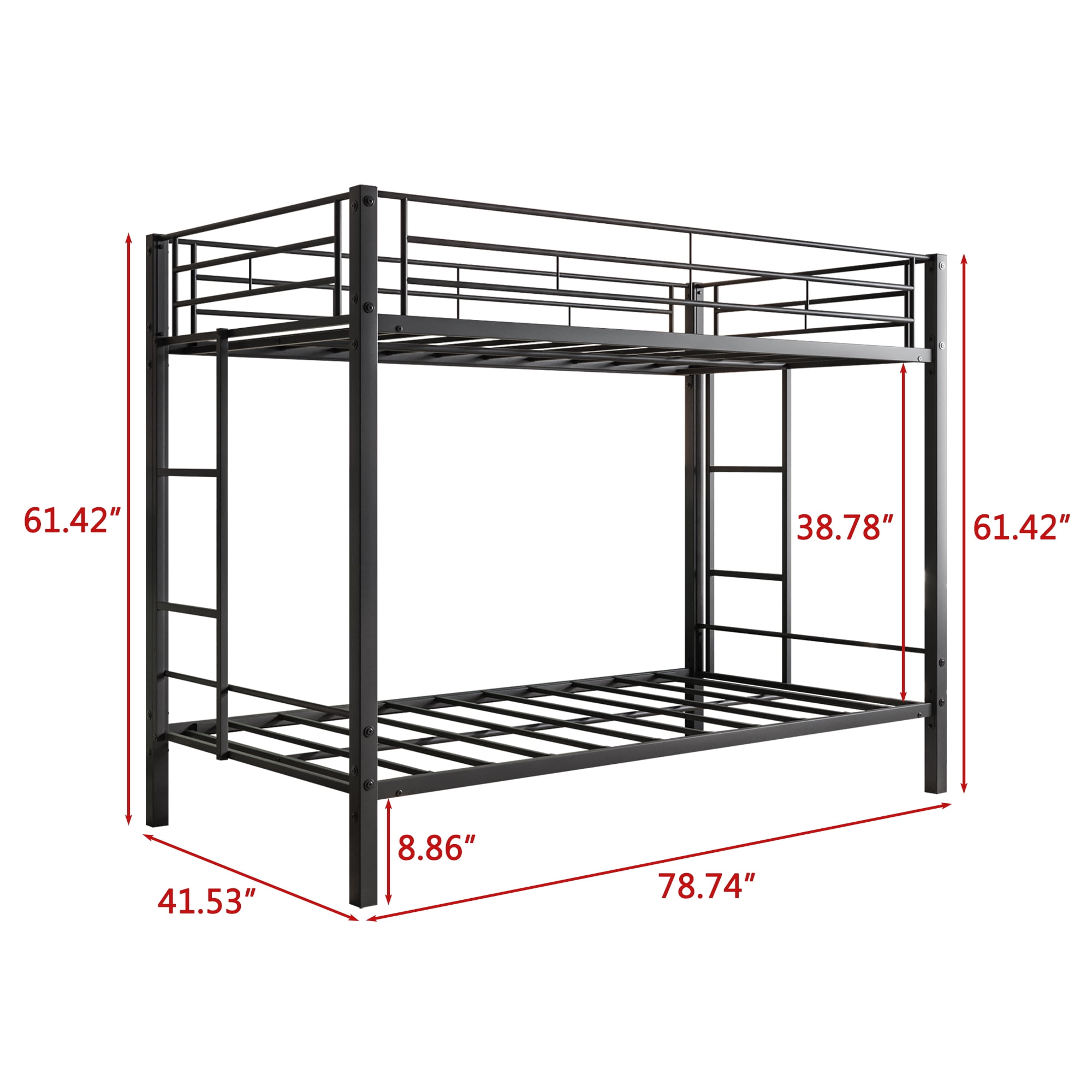 MAYEERTY Black Twin-over-Twin Metal Bunk Bed: Heavy-Duty with Shelf, No Box Spring Needed​