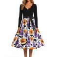 thumbnail image 4 of Women's Halloween Dress Bat Pumpkin Long Sleeve Cocktail Hepburn Cute Tea Length Dress V Neck 1950s Classic Fall Dress with Belt M, 4 of 5
