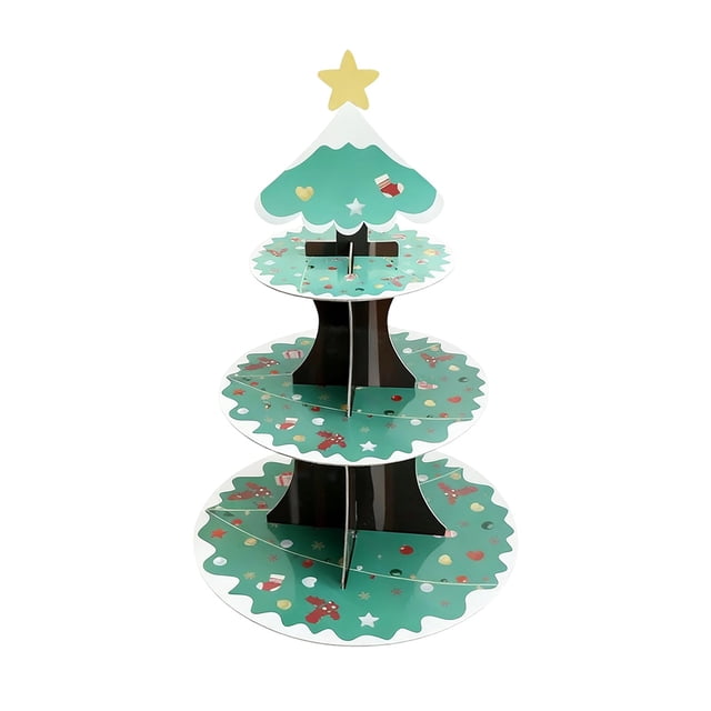 Three Tier Christmas Disposable Cake Stand Paper Dessert Display Rack With Santa And Tree Designs 15.55 in x 12 in