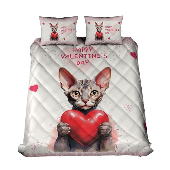 Happy Valentine's Day Sphynx Brings Love Heart Quilt Bedding Set Cat Lover Kitten Owner Gifts Idea 1 Blanket Bed Cover 2 Pillowcases - 02028