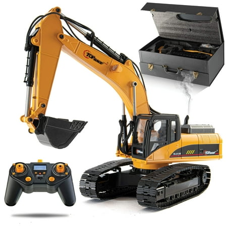 Top Race 23 Channel Remote Control Excavator Toy Construction Vehicle RC Tractor, Full Metal Excavator Toys, Carries 180 Lbs, Diggs 1.1 Lbs Per Cubic Inch, Real Smoke, Use with Our RC