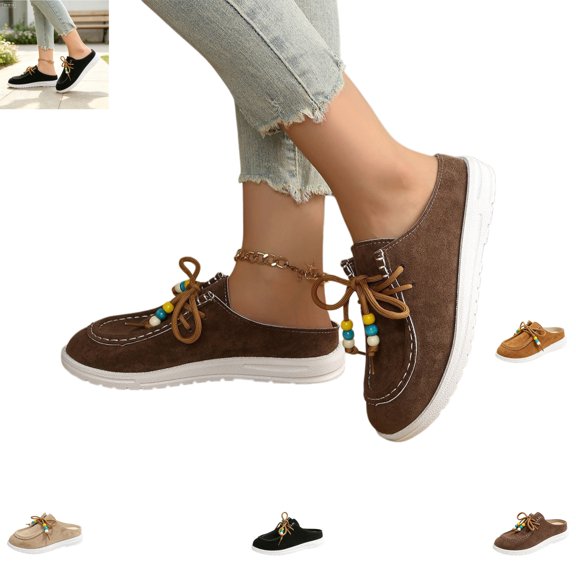 YOUYEDIAN Mules for Women Fashion Lace-up Round Toe Casual Platform Soft Warm Backless Flats Versatile Comfortable Walking Shoes