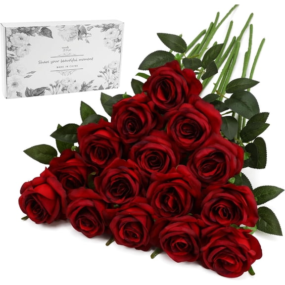 Burgundy Fake Roses Artificial Flowers - Fake Artificial Roses Silk Flowers with Stems for Home Wedding Hotel Office Centerpiece Decor（Burgundy）