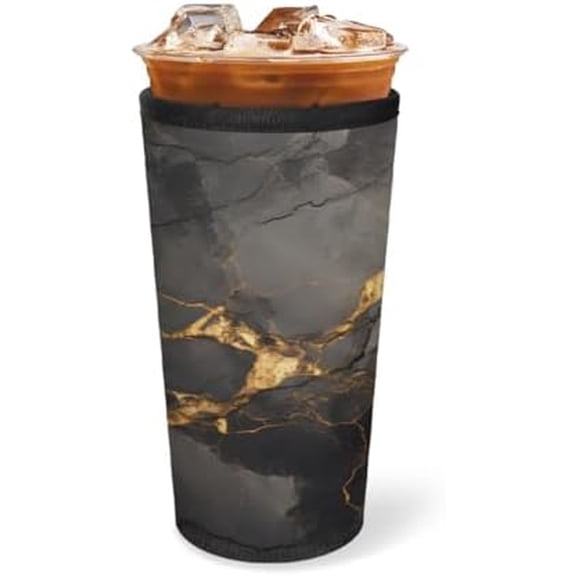 Reusable Iced Coffee Sleeve with Handle, Black Gold Marble Coffee Cup Sleeves for Cold Drinks, Neoprene Cup Sleeve Insulated Cooler, Cup Holder Prevents Condensation for Cars 24-28oz