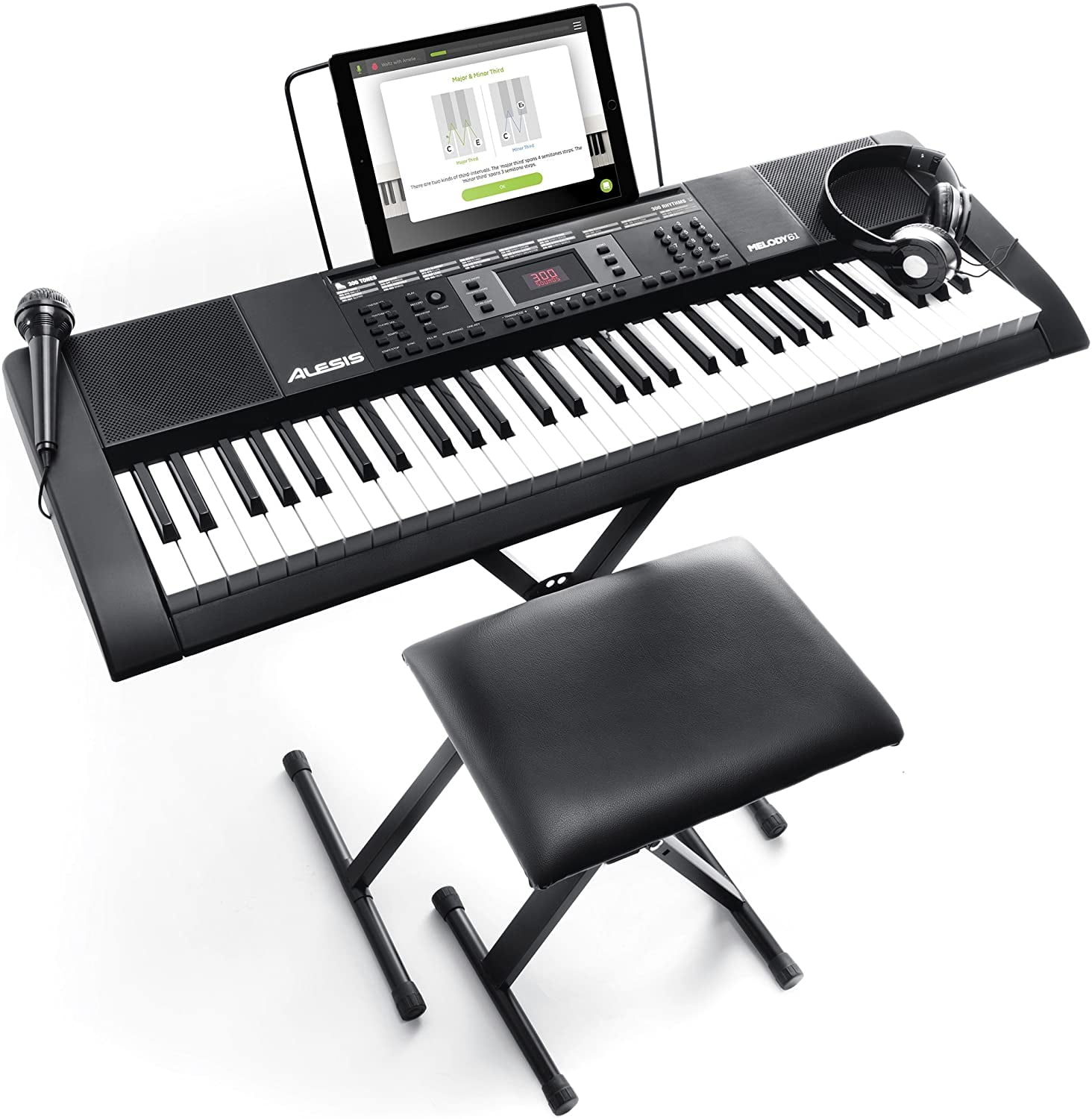 Alesis Melody 61 MKII 61 Key Portable Keyboard with Built In Speakers Headphones Microphone Piano Stand Music Rest and Stool