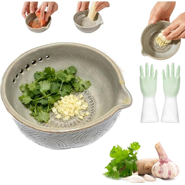 Handmade Garlic Grater X Herb Bowl,2-In-1 Pottery Herb Stripper Bowl, Different Sizes of Round Holes, Kitchenware for Root Removal, Effortless Kitchen Prep, 2-in-1 Multi-functional Kitchen Tool