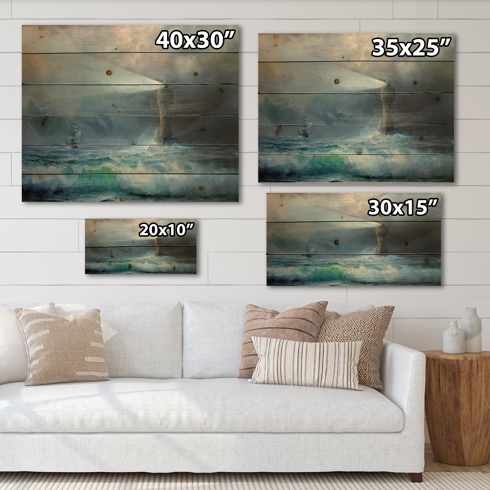 Designart 'Lighthouse Shining Light During Stormy Clouds Night II' Nautical & Coastal Print on Natural Pine Wood