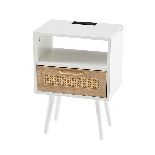 Anky 15.75 in. White Rectangle MDF Rattan End Table 1Drawer Nightstand