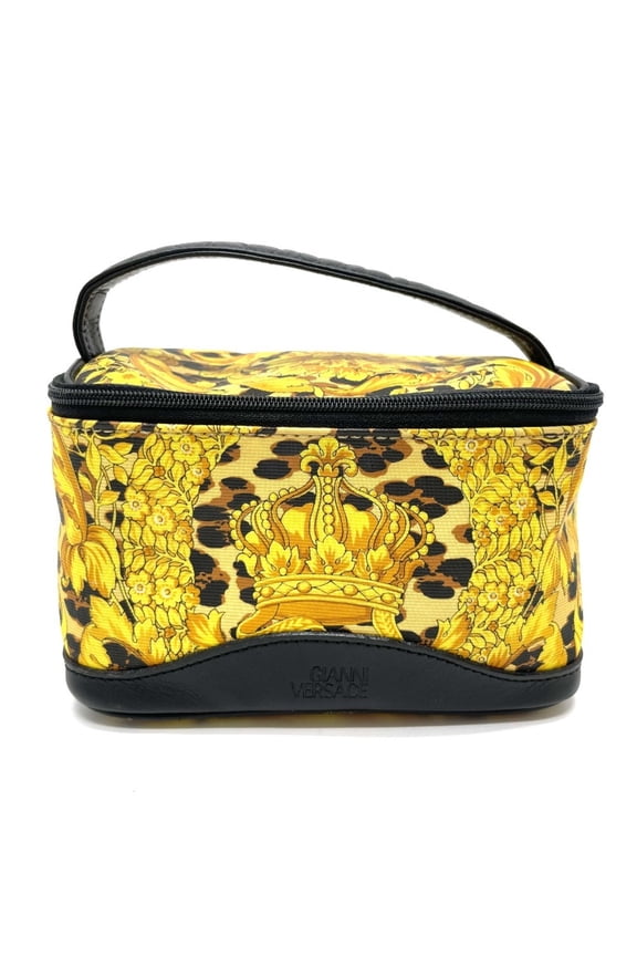Pre-Owned VERSACE Leopard Print Handbag Vanity Bag in PVC/Leather, Yellow and Black (Fair)