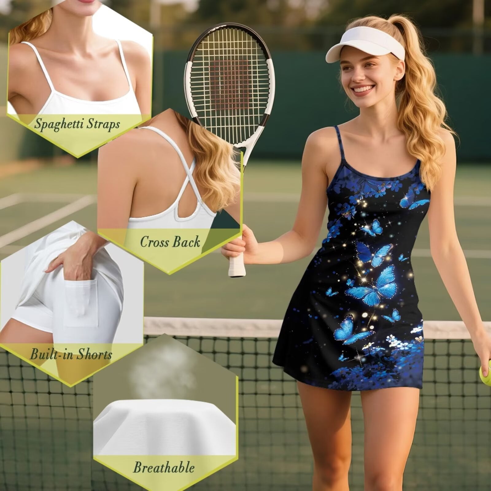 Yuyamidu Blue Butterfly Golf Dress Built-in Shorts with Pockets, Stretchy Backless Crossover Sport Dresses Casual Sleeveless Sport Dress for Women Size XL