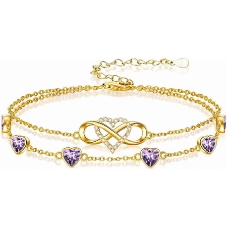 Infinity Amethyst Birthstone Charm Link Anklet 18K Gold Plated Infinity Anklet with February Birthstone Birthday Jewelry Gifts for Women Mom Her,Chain Length 9"+2" Extend