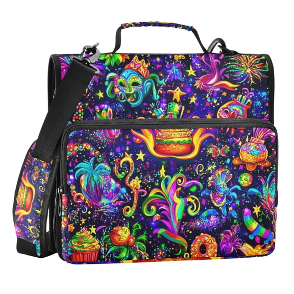 Zipper Binder Colorful Mardi Gras Pattern 1.5 Inch Binder Folder Bag with Shoulder Strap and Handle