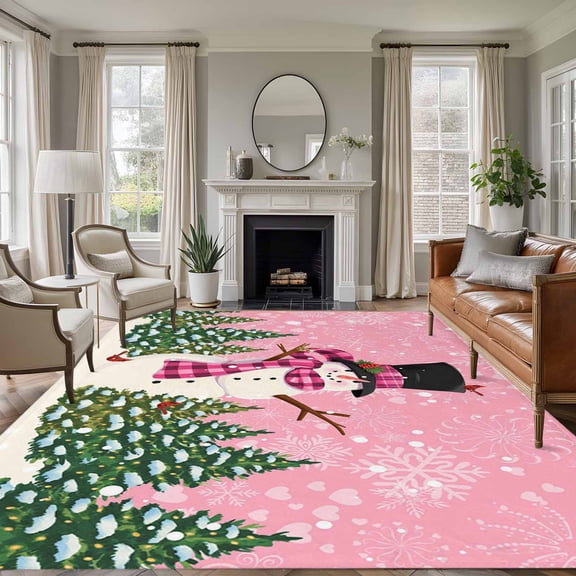 8x10 Area Rugs for Living Room, Pink Snowman Christmas Non Slip Area Rugs for Kitchen Bedroom Entryway, Xmas Tree Snowflake Abstract Washable Carpet Runner Rug Floor Mats for Bedroom Home Decor