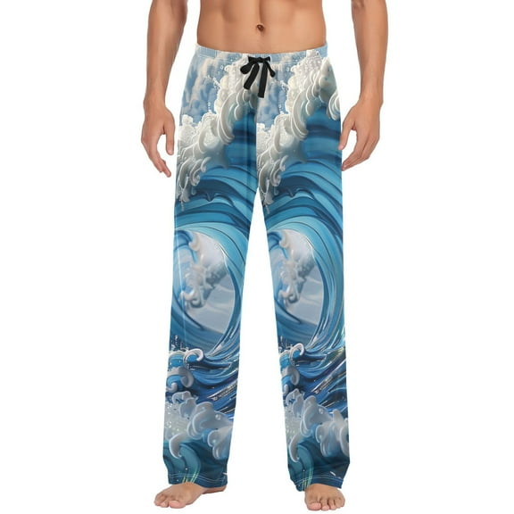 Men's Pajama Pants Japanese Wave Cotton Long Sleepwear Lounge Pants L