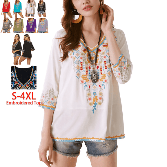 Higustar Womens Plus Size Tops 3/4 Sleeve V Neck Tunic Shirts Casual Floral Embroidered Loose Summer Fall Blouses Mexican Peasant Cotton Rayon Shirts-054-White/H-3XL