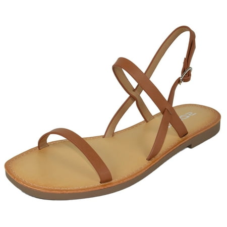 

Soda Shoes Women Basic Flat Sandals Ankle Thin Strap Buckle LEEANA-S Tan Brown 11