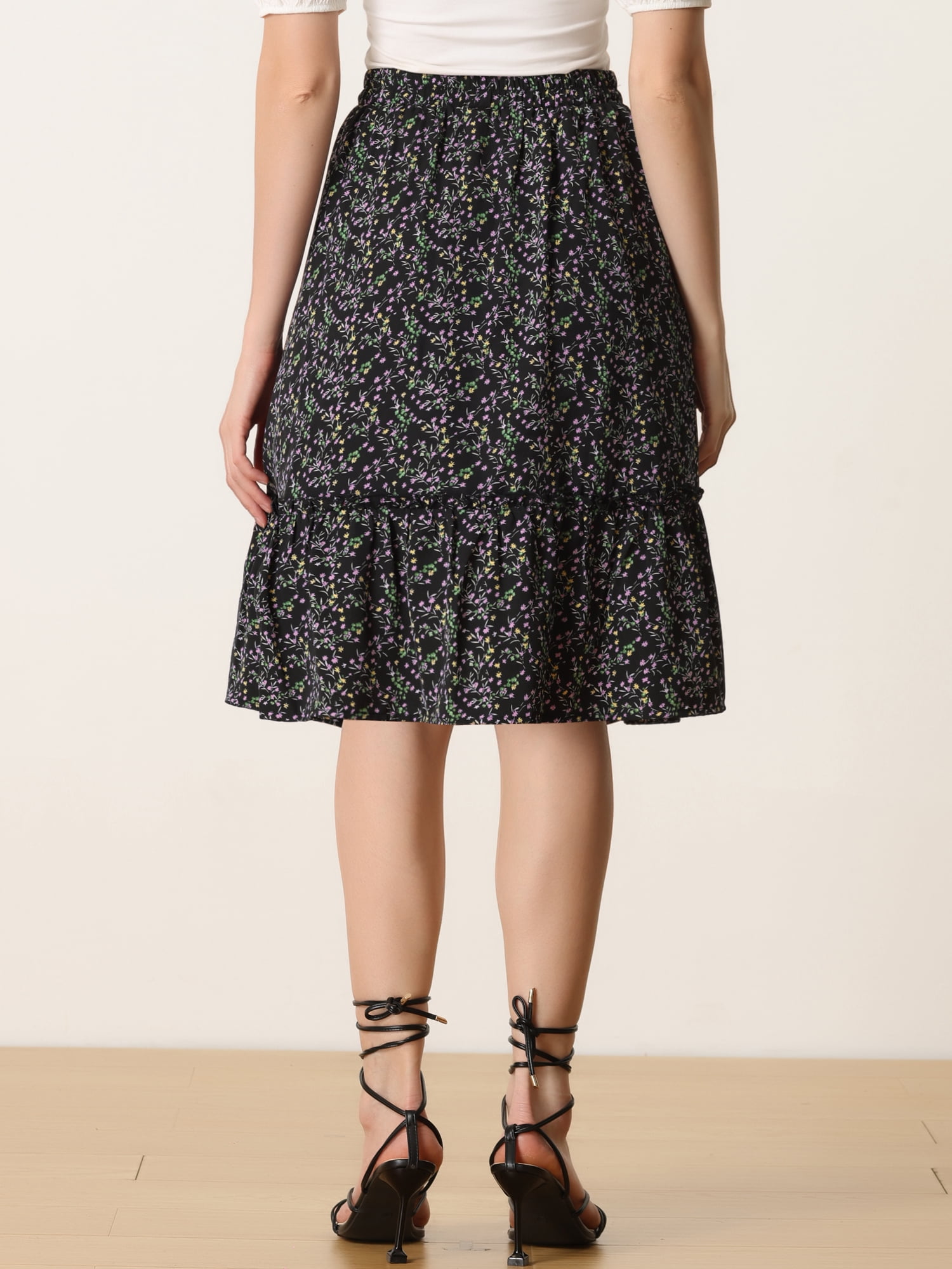 DARING DIVA Women's Flowy Ruffle Hem Tiered Floral Midi Skirt XS Black Floral