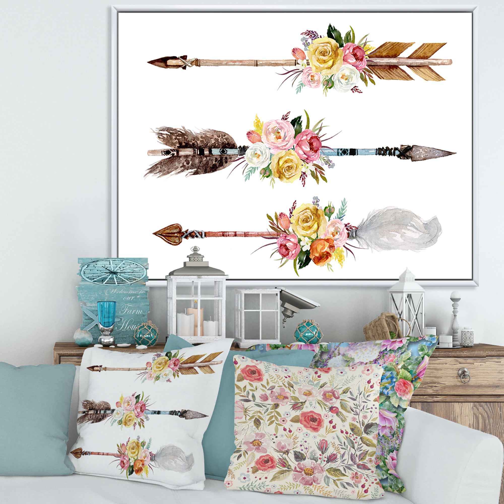 Designart 'Flowers and Ethnic Feathers On Native Arrows II' Bohemian & Eclectic Framed Canvas Wall Art Print