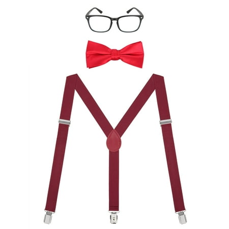 HDE Nerd Halloween Costume Set Suspenders w/Glasses & Bow Tie for Men & Women (Red)