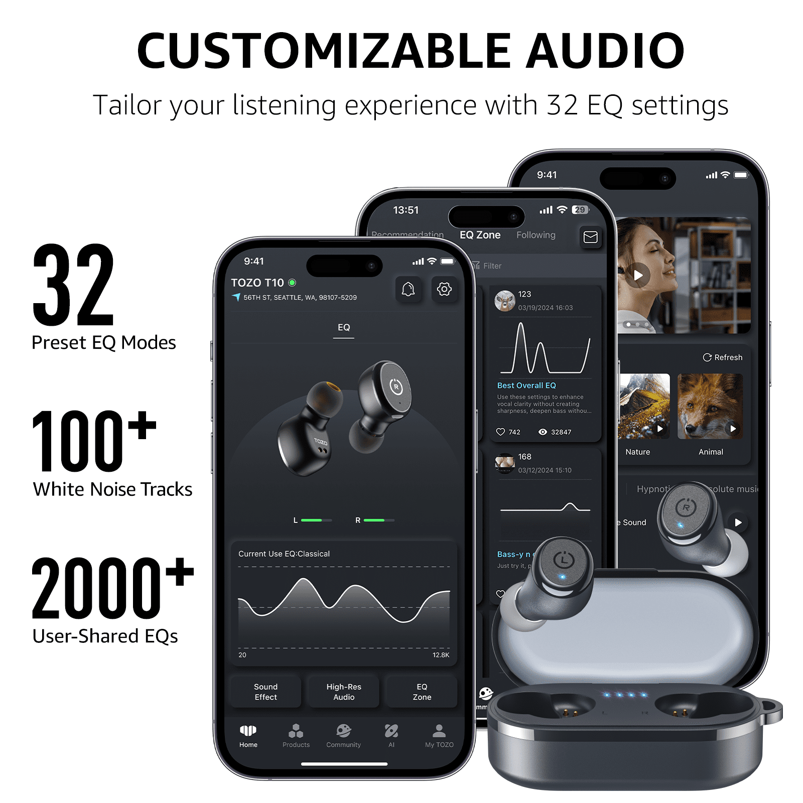 TOZO T10 Earbuds Wireless Bluetooth Headphones, 55H, Stereo Bass, App Customize 32 EQ, Wireless Charge, IPX8 Waterproof, 100+ White Noise Tracks, Ergonomic Design, Blue