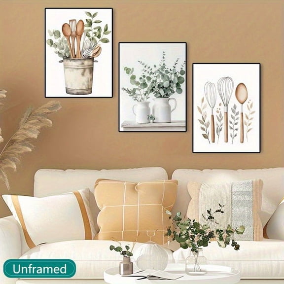 3pcs Vintage Kitchen Art Set - Frameless Canvas Prints with Botanical & Utensil Designs, Contemporary Decor for Living Room & Restaurant, Nostalgic Home Accents, Ideal for Spring & Easter Decoration