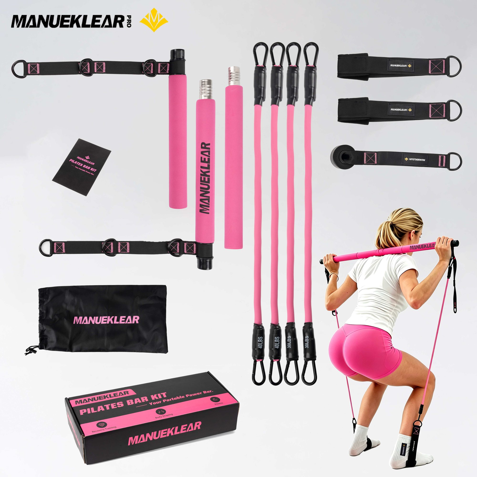 MANUEKLEAR Pilates Bar Kit with Resistance Bands, 3-Section Adjustable Pilates Bar for Full Body Workout, Legs, Arms, Hips, Waist & Squats, Home Exercise Equipment for Women & Men