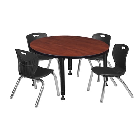 Kee 36  Round Height Adjustable Classroom Table - Cherry & 4 Andy 12-in Stack Chairs- Black