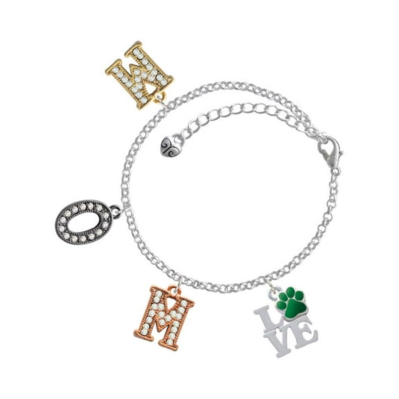 Delight Jewelry Silvertone Love with Green Paw Multi-Colored Crystal Mom Charm Bracelet