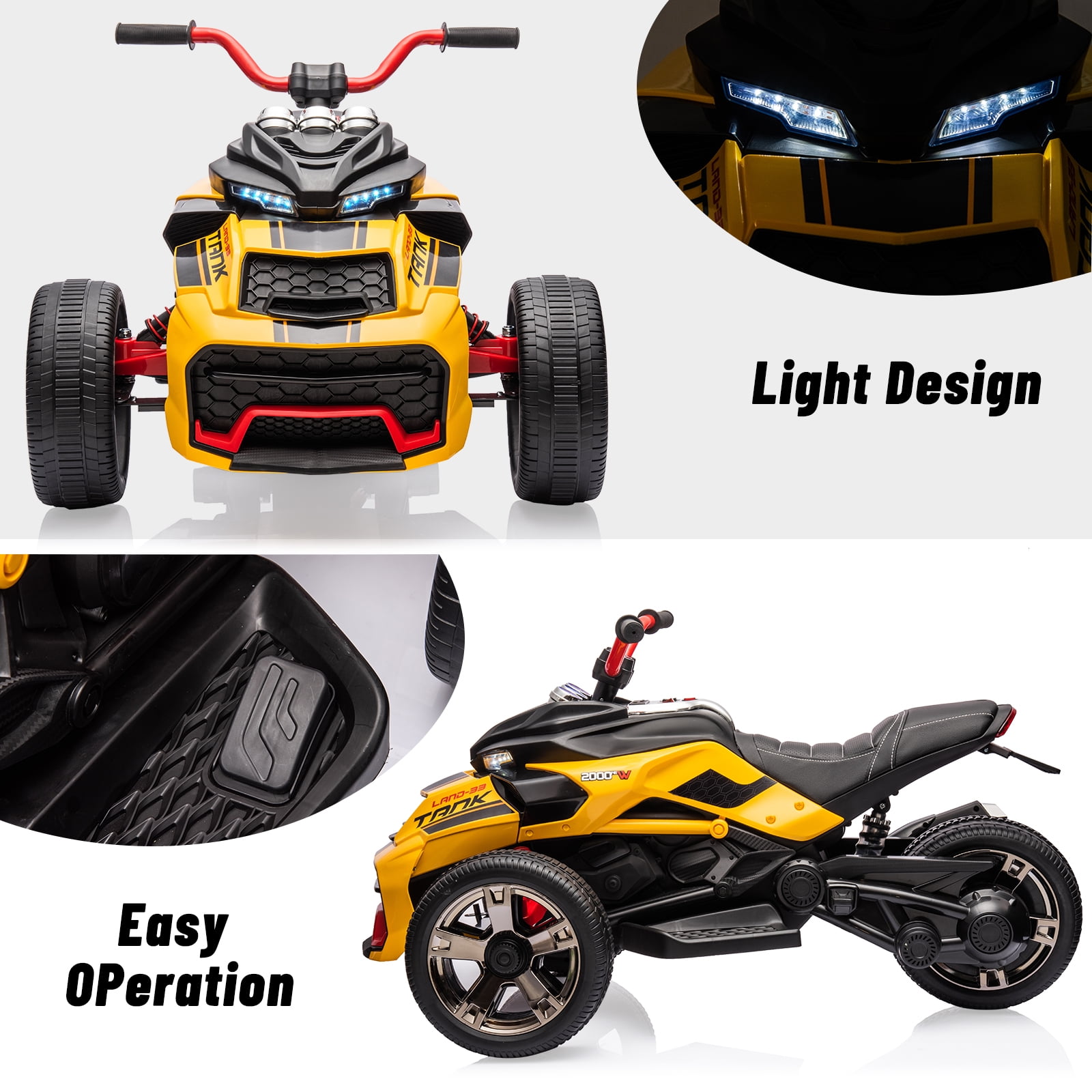 EastVita 12V 3 Wheeler Ride on ATV Electric Motorcycle, Battery Powered Electric Vehicle w/LED Lights, High & Low Speed, Horn, Music, USB, Treaded Tires, Ride on Car