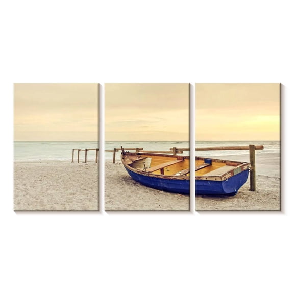 Elephant Stock Boat At The Beach Wall Art - Horizontal Multi Panel Canvas - Living Room Wall Decor - Transportation Multi Panel - Beige And Yellow Decor - 26" x 12"