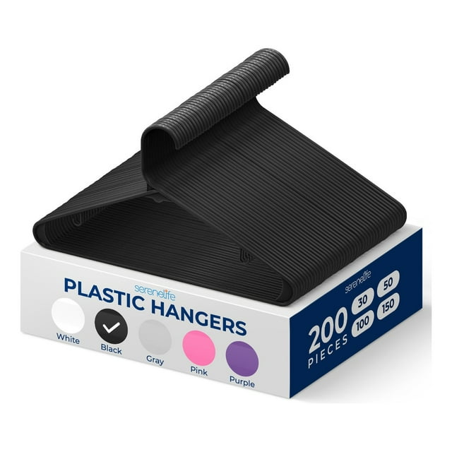 Ganchos de Plastico Premium SereneLife, Antideslizantes, Ahorradores de Espacio, Duraderos y Resistentes, para Camisas, Suéteres, Sudaderas, Abrigos, Pantalones y Vestidos, Negro, Pack 200