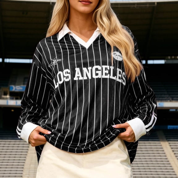 Letdown Womens Oversized Shirts Striped LOS_ANGELES Print Y2k Streetwear Collar V Neck Pullover Long Sleeve Baggy Tops (Black,L)