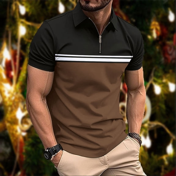 Ceisia Men's Color Block Half Zip Short Sleeve Polo Shirt With Stripe Detail Coffee L Gift