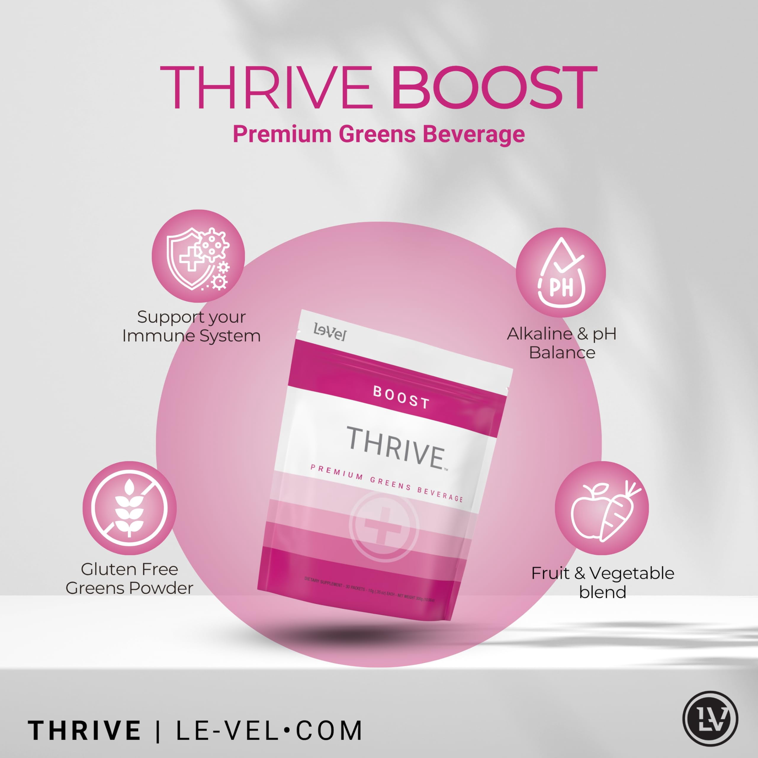 Le-Vel Thrive Boost – Premium Gluten-Free Greens Powder with pH Balancing Blend, Probiotics, Enzymes, Fruits, Vegetables, and Super Green Grasses – 30 Berry-Flavored Packets