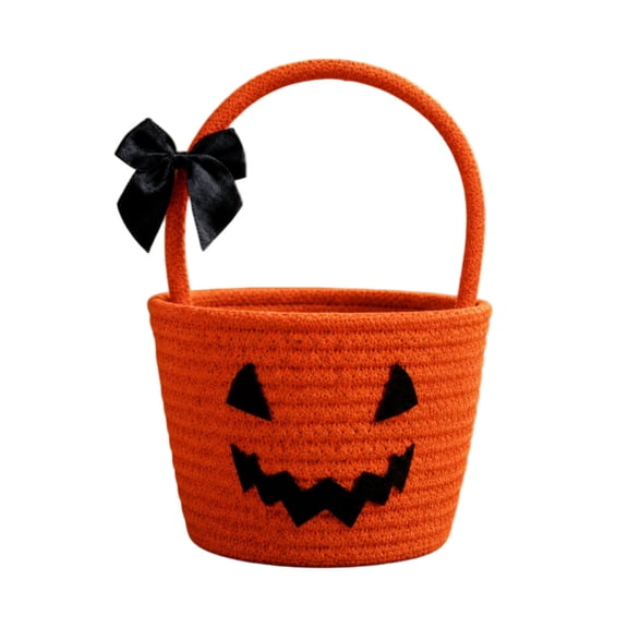 Halloween Pumpkin Candy Bucket Cotton Rope Woven Basket with Black Bow 10.63 Inch for Fall Indoor Tabletop Decor and Halloween Party Supplies
