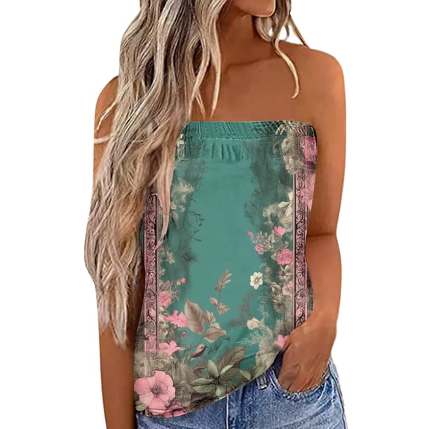 Las mujeres camisetas sin mangas Camiseta sin mangas Bandeau sin tirantes a juego de colores para mujer, camiseta cómoda sin mangas para vacaciones de verano, camiseta holgada para vacaciones, (AG, S)