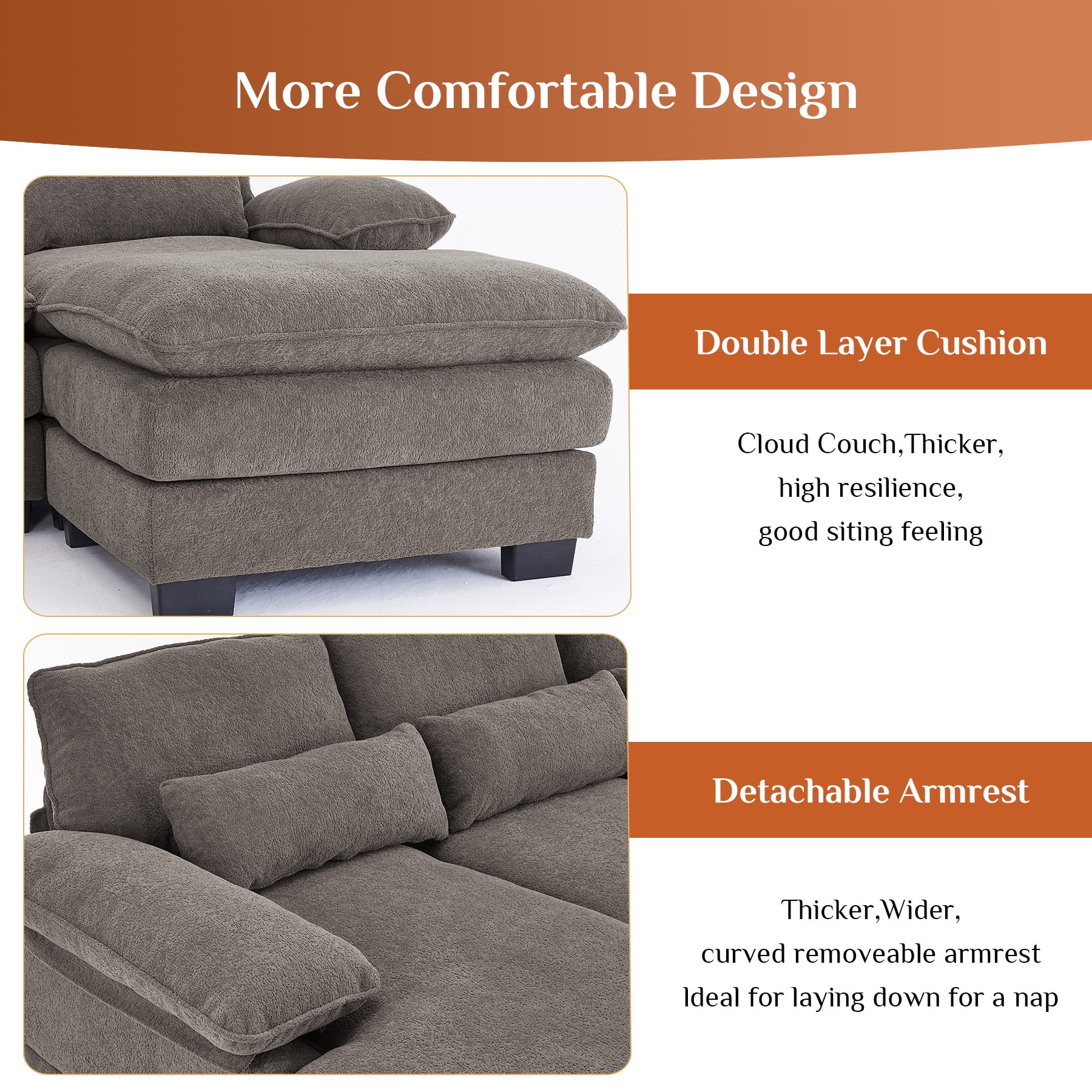 Wiilayok 113" U Shaped Sectional Sofa with Chaise Lounge and Ottoman,Chenille Modular Sectional Sofa Couch for Living Room,Cloud Grey