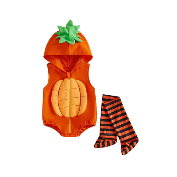 Cjfdfy Newborn Baby Boy Girls Halloween Costume Outfit Pumpkin Bat Cat Hooded Sleeveless Zipper Romper With Stripe Socks Infant Cute Animal Warm Hooded Sleeveless Jumpsuit 0-2Y