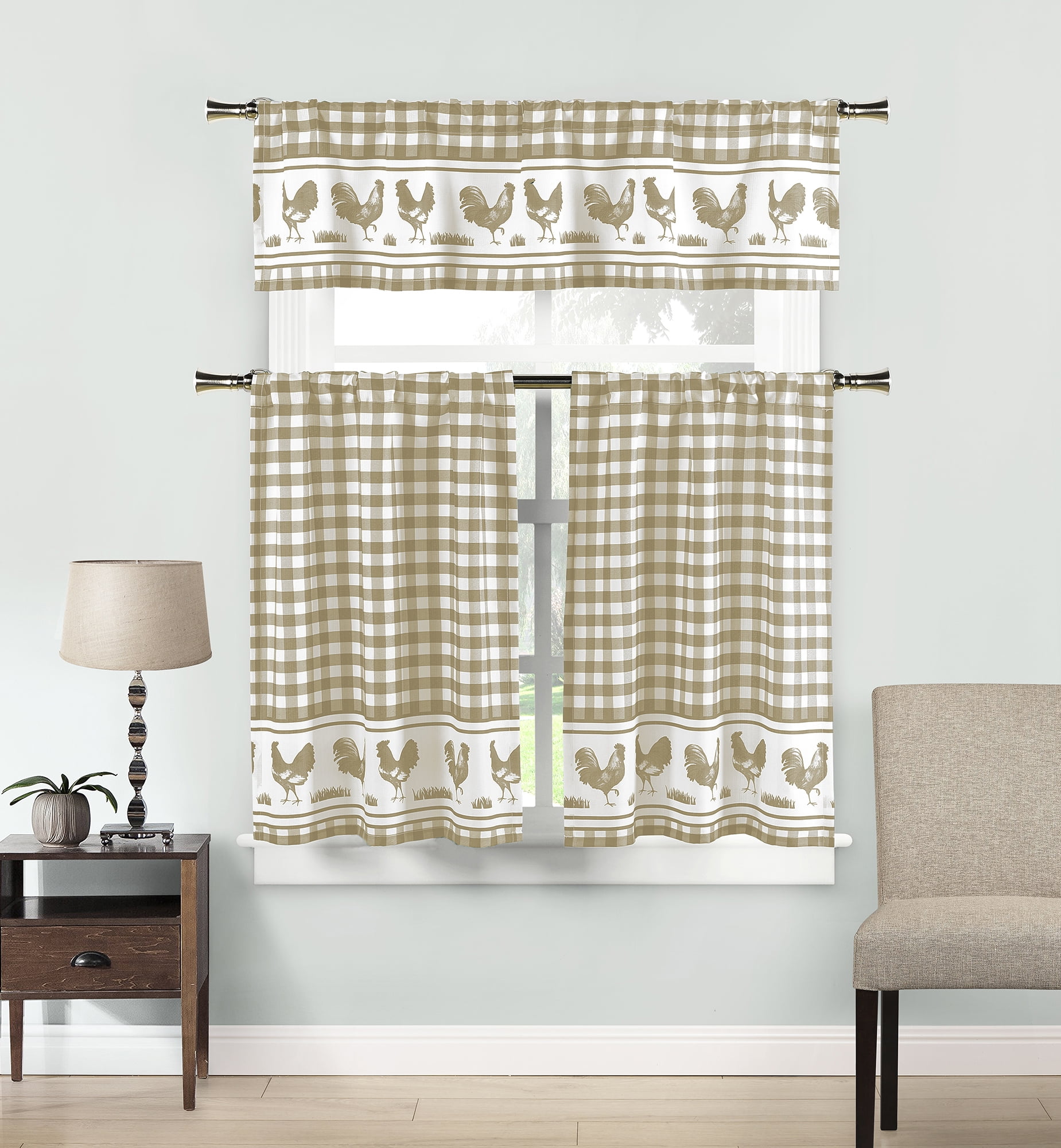 Live Laugh Love Rooster Eggs 36L Tier and Valance Curtain Set 