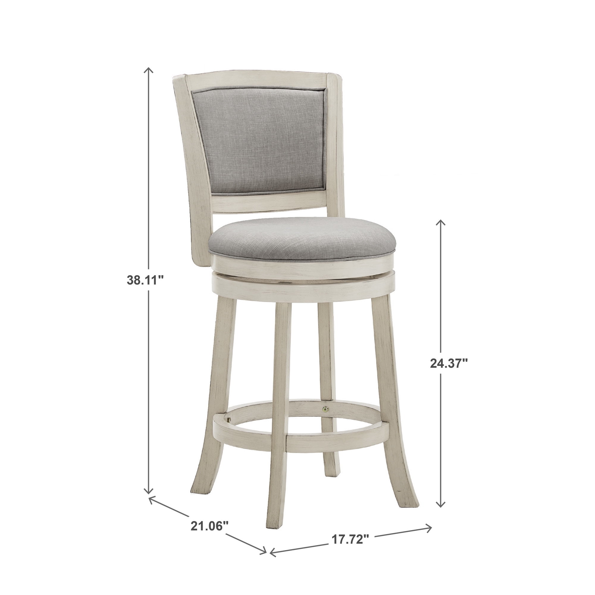 Weston Home Haas Upholstered Back Swivel Stool, 24" Counter Height, Antique White Finish, Gray Linen
