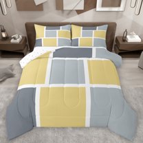 Feelyou Yellow Grey Checkered Bedding Comforter Set, Square Abstract Twin Comforter Sets, Modern Fashion Buffalo Reversible Bedding Set, Ultra Soft Bedroom Decor, 2-Piece