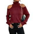 thumbnail image 2 of Womens Cold Shoulder Turtleneck Sweaters Fall Long Sleeve Soft Cable Knit Pullovers Sexy Jumper Tops, 2 of 4
