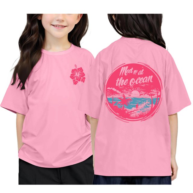 T-shirts Filles Été Imprimé des Deux Côtés Col Rond Manches Courtes Décontracté Hauts Filles Rose 3-4 Ans