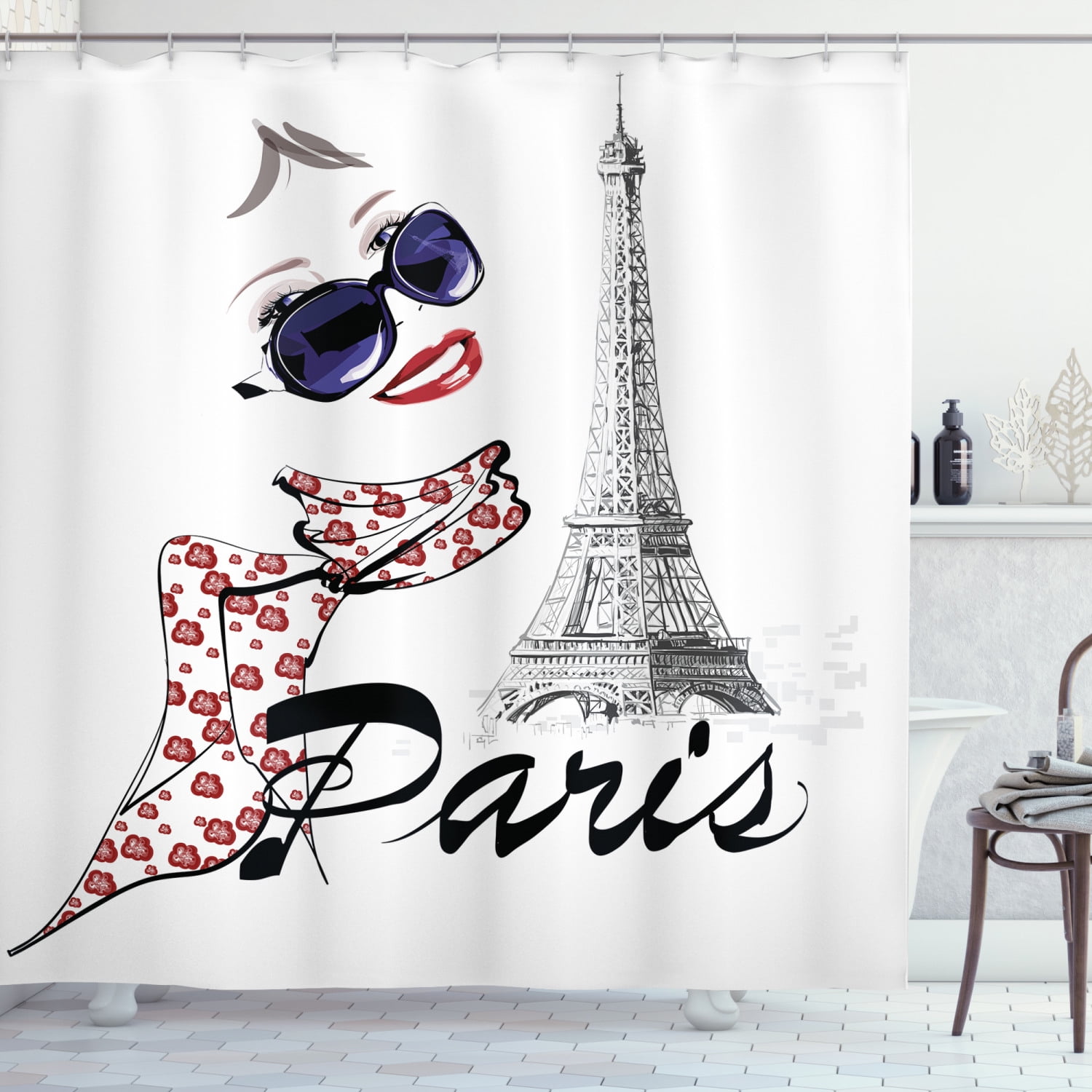 Paris Eiffel High Heels Shower Curtain Liner Bathroom Waterproof Fabric Mat Set 