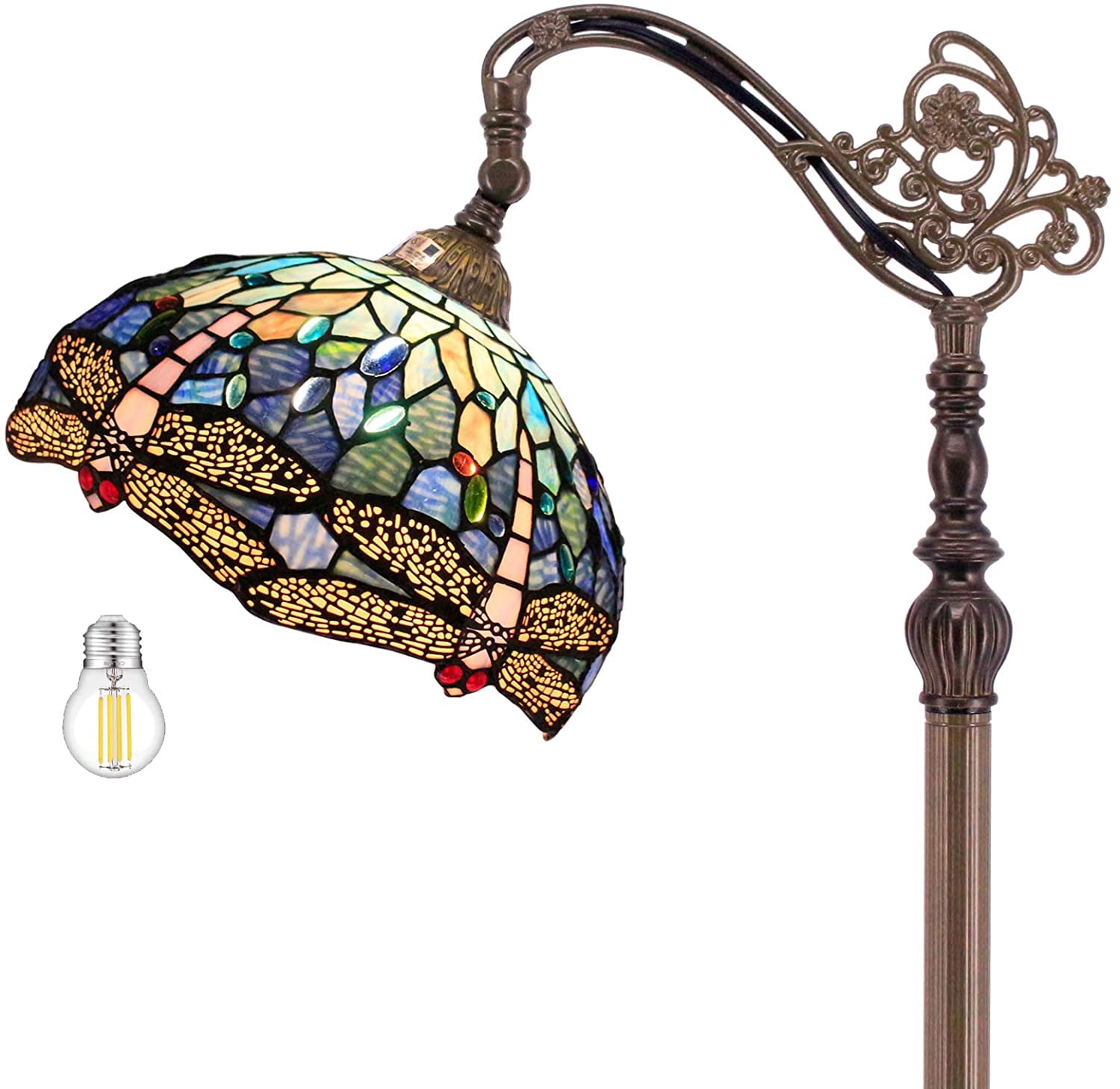 Tiffany Floor Lamp 64"Tall Industrial Pole Vintage Boho Blue Stained Glass Dragonfly Standing Corner Bright Reading Light LED Arched Gooseneck Adjustable Living Room Kids Bedroom Farmhouse