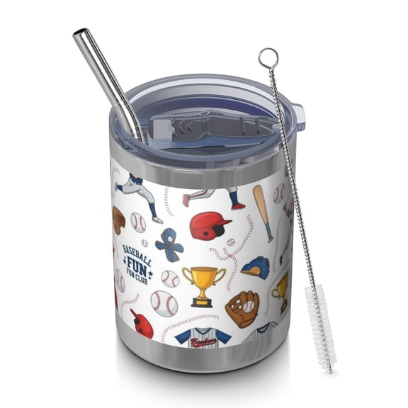 12oz Tumblers White Baseball Elements Pattern Vacuum Insulated Stainless Steel Travel Tumbler Cups Mug with Lid and Straw for Beer,Coffee,Beverages with Cleaning Brush for Cold & Hot Drinks