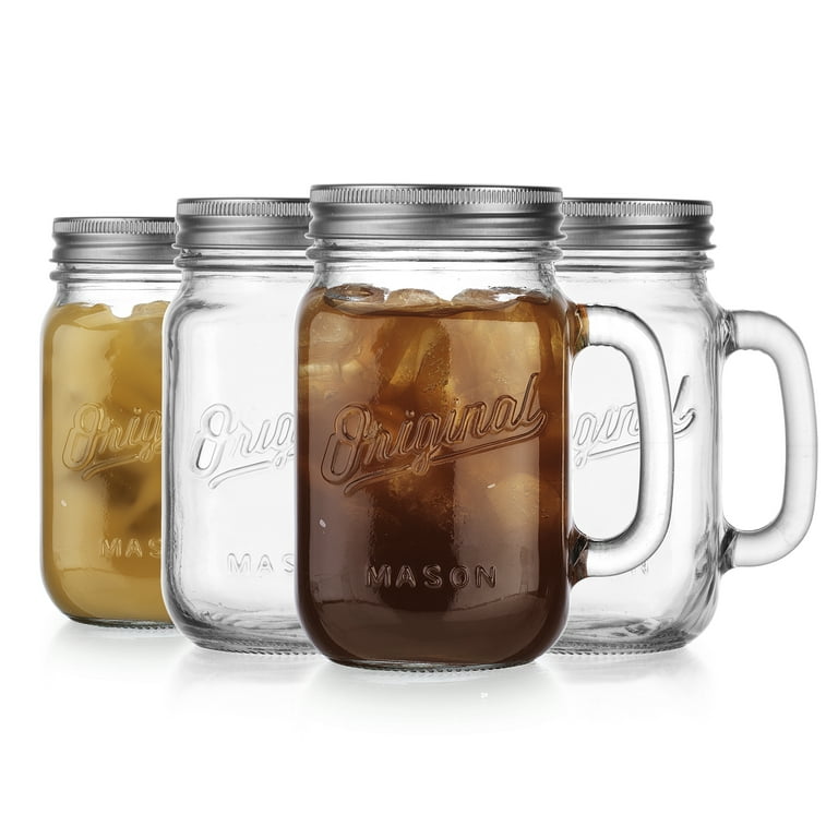 Mason Jar 16 oz. Glass Mugs with Handle and Lid Set of 4 Glaver's Old Fashioned Drinking Glass Bottles Original Mason Jar Pint Sized Cup Set.